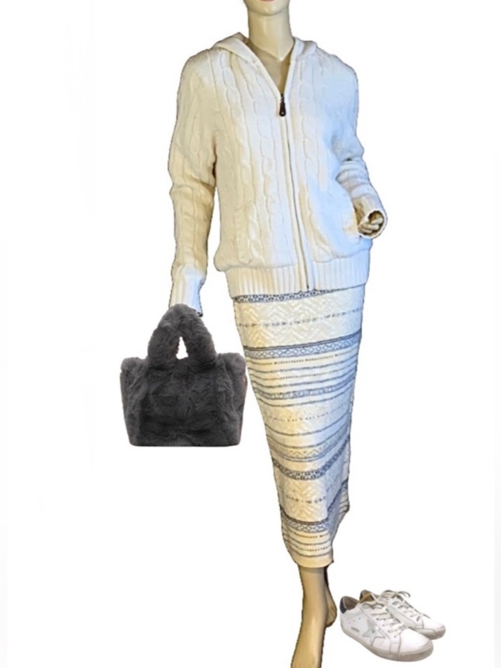 GREEN TEA "IVORY" CREAM CABLE KNIT FAUX FUR LINED HOODED CARDIGAN JACKET NWT (L)
